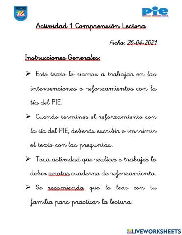 Actividad 1 Comprensión Lectora Primero Básicos