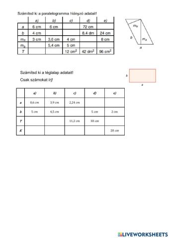 Paralelogramma, téglalap területe
