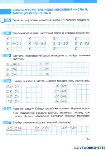 Таблиця множення числа 6 та ділення на 6