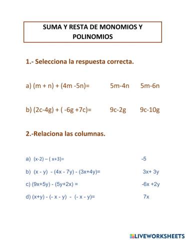 Suma de monomios y polinomios