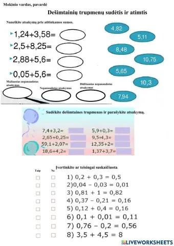 Dešimtainių trupmenų sudėtis ir atimtis