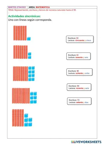 Representación, escritura y lectura de números naturales hasta el 99.