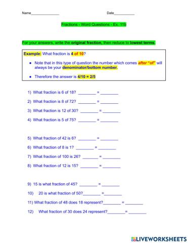 Fractions - Word Questions - Ex. 11b