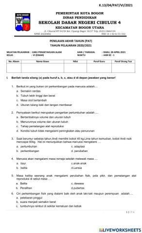 Penilaian Akhir Tahun (PAT) IPA SDN Cibuluh 4