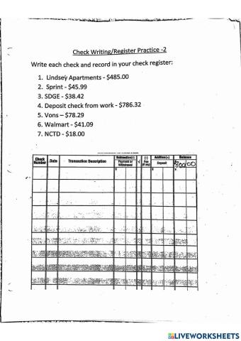 Checkbook Register Practice 2