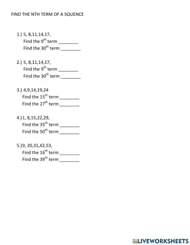 Find the nth term in a sequence worksheet