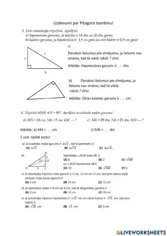 Uzdevumi par Pitagora teorēmu.