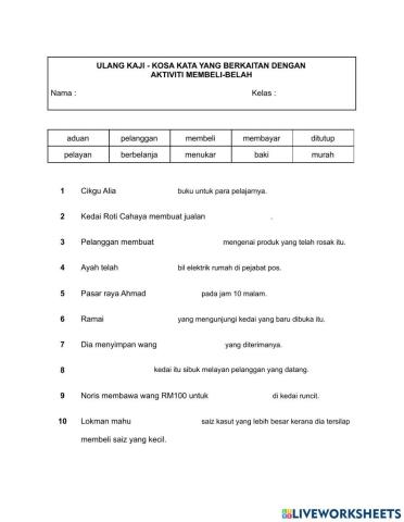 Kosa kata yang berkaitan dengan aktiviti membeli-belah