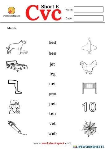 Cvc words short E matching worksheets