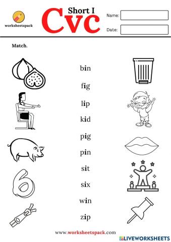 Cvc words short I matching worksheets