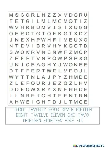 Numbers wordsearch 1-20