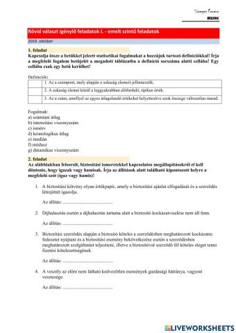 Érettségi feladat (EMELT) - rövid válasz I.