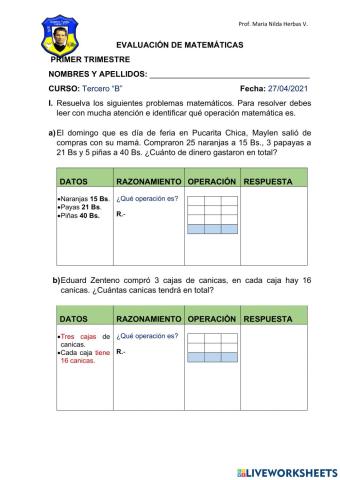 EVALUACIÓN DE MATEMÁTICAS PARA TERCERO DE PRIMARIA
