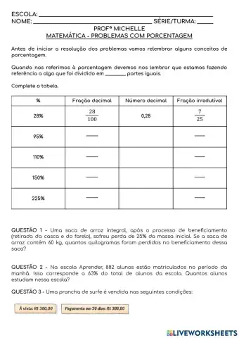 Problemas com porcentagem
