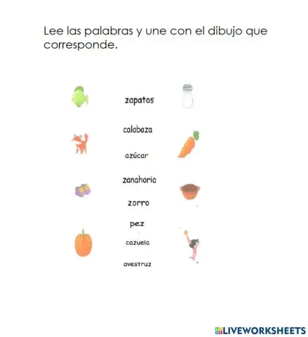 Une la palabra con su dibujo, letra Z