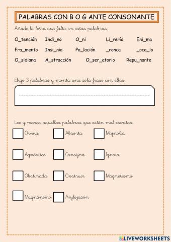 Palabras con b o g ante consonante