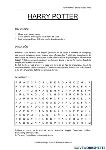 Sopa de letras Harry Potter