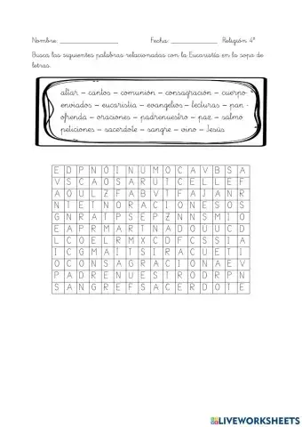 Sopa de letras Eucaristía
