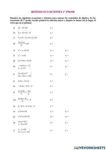 Repaso Ecuaciones 1º PMAR