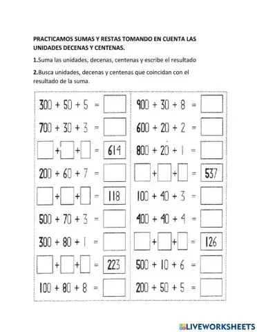 Suma de centenas, decenas y unidades