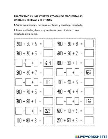 Suma de centenas, decenas y unidades