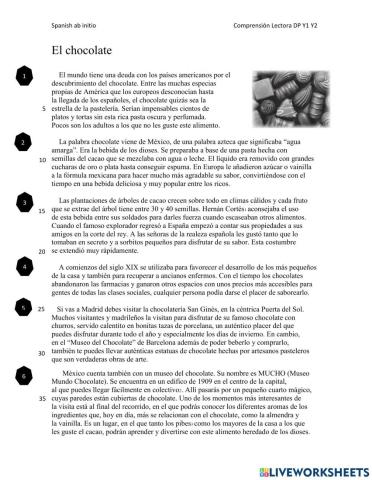 El chocolate Spanish ab initio Comprensión Lectora