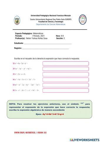Actividad de expresiones algebraicas
