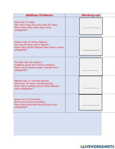 Addition Word Problems Practice