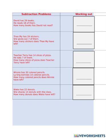 Subtraction Word Problems Practice