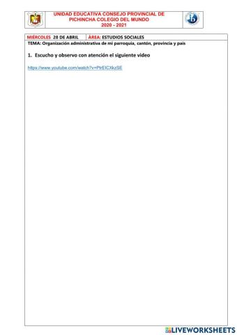 Organización administrativa de mi parroquia, cantón, provincia y país