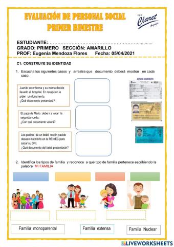 Evaluación del i bimestre personal social