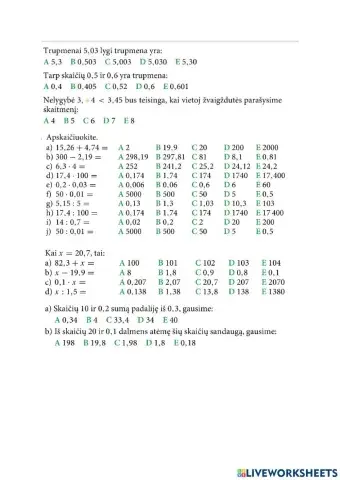 Dešimtainių trupmenų veiksmai