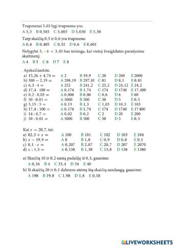 Dešimtainių trupmenų veiksmai