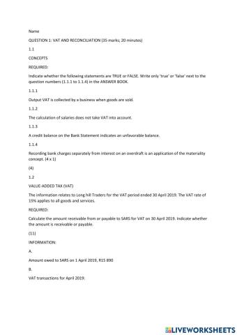 Question 1: vat and reconciliation