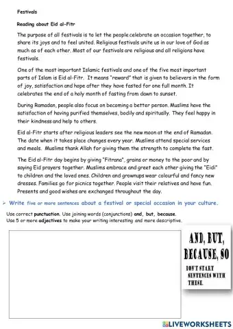 Festivals Reading and Writing activity