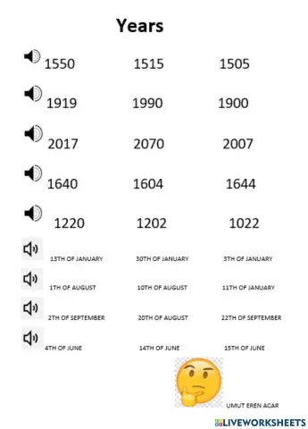 Years And Dates Listening Worksheet