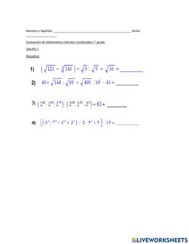 EVALUACIÓN cÁLCULOS COMBINADOS