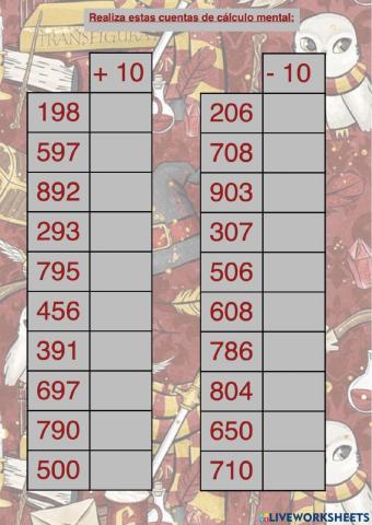 Suma y resta cambio de centena cálculo mental
