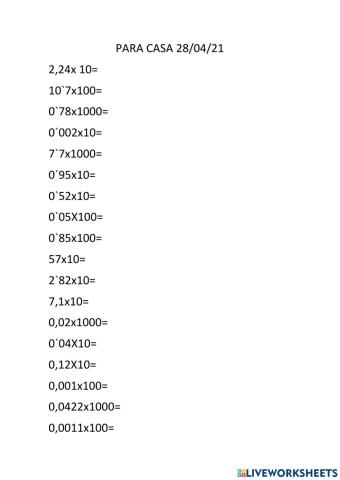 Multiplicaciones decimales x 10,100,1000