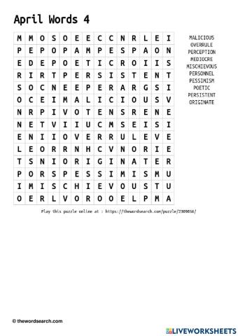 April Words 4 Wordsearch