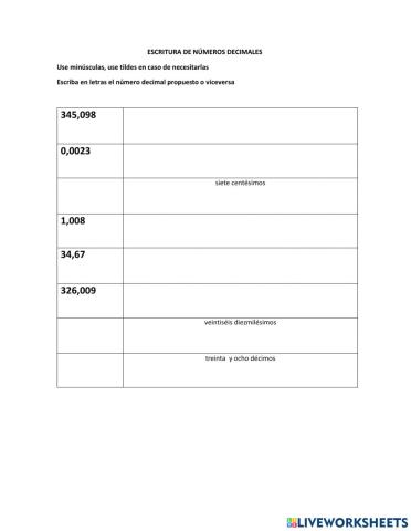 Escritura de números decimales