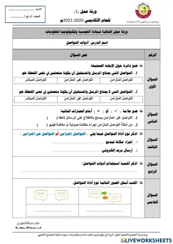 ورقة عمل درس أدوات التواصل للصف الرابع