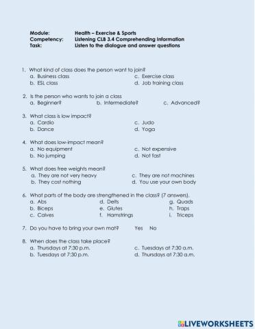 Listening CLB 3.4 CI - Understand Dialogue About Joining Gym Class