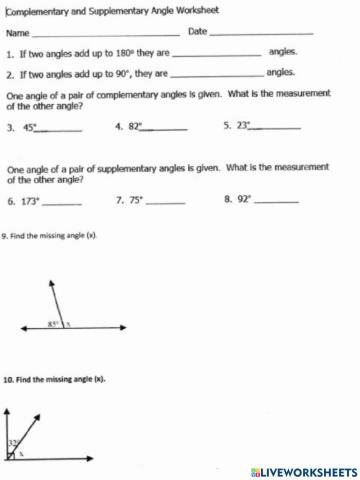 Complementary and Supplementary Angle Worksheet