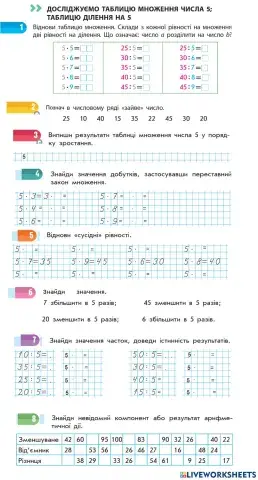 Досліджуємо таблицю множення числа 5. Досліджуємо таблицю ділення числа 5.