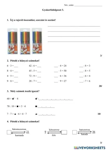 Gyakorlódolgozat 3. (2.osztály, matek)