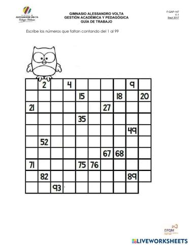 Conteo ascendente 1 al 99