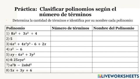 Tarea interactiva: Clasificar polinomios por el número de términos