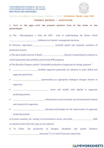 Present Perfect Sentences - Agronomy
