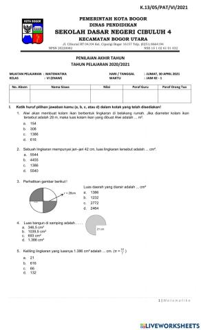 Penilaian Akhir Tahun (PAT) Matematika SDN Cibuluh 4